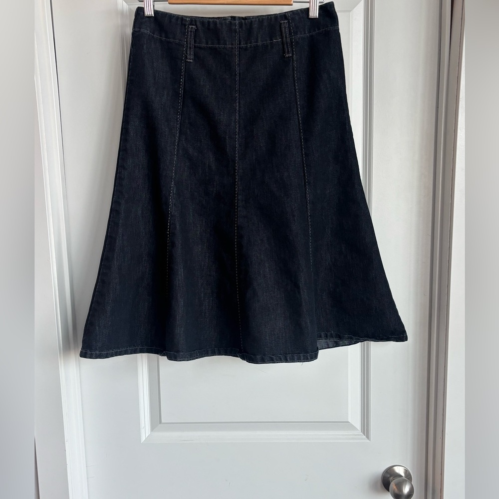 Dark blue cotton denim midi skirt